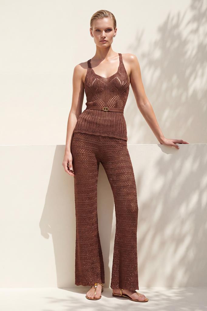 Openwork Elastic-Waist Lined Terracotta Trousers