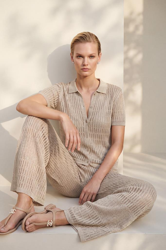 Openwork Shimmer Lined Beige Trousers
