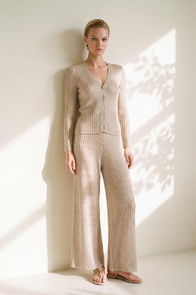 Openwork Shimmer Lined Beige Trousers