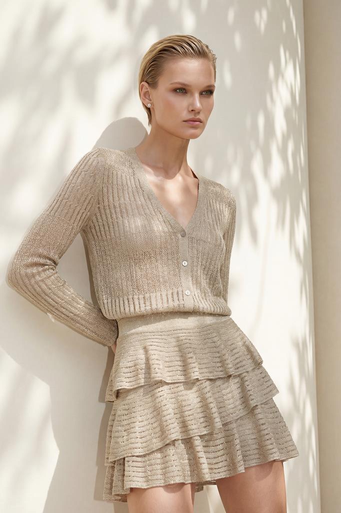 Openwork Shimmer Ruffle Mini Beige Skirt