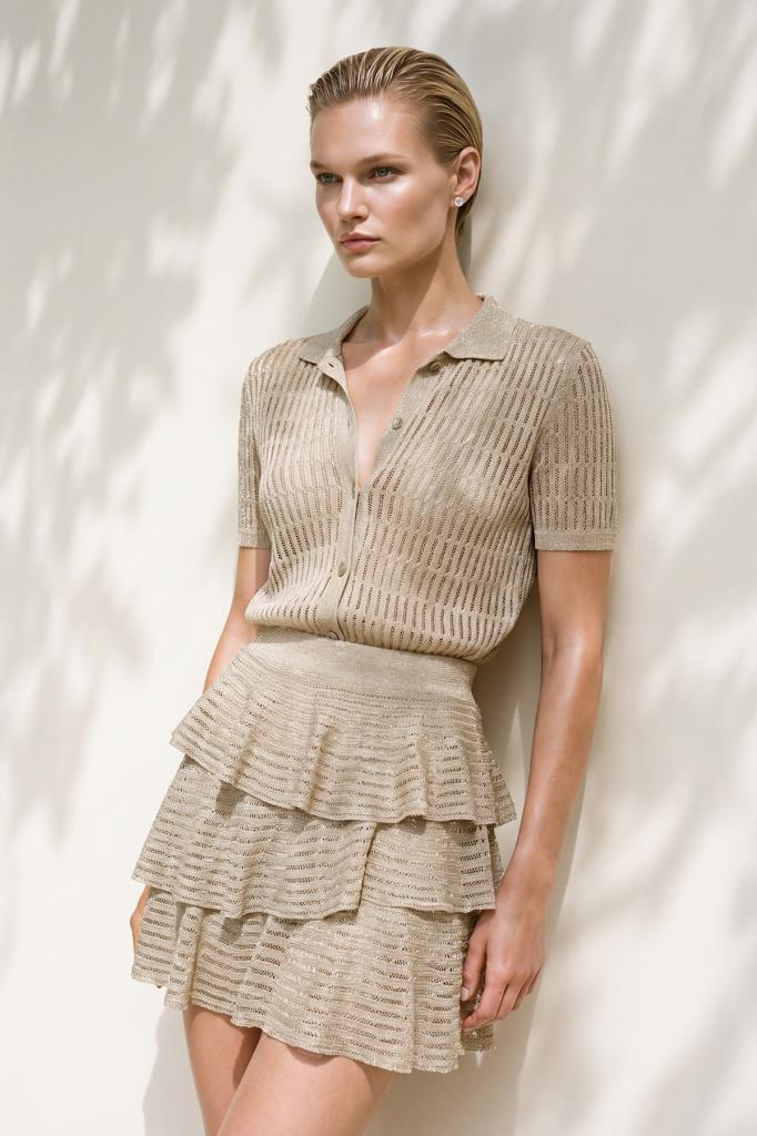 Openwork Shimmer Ruffle Mini Beige Skirt