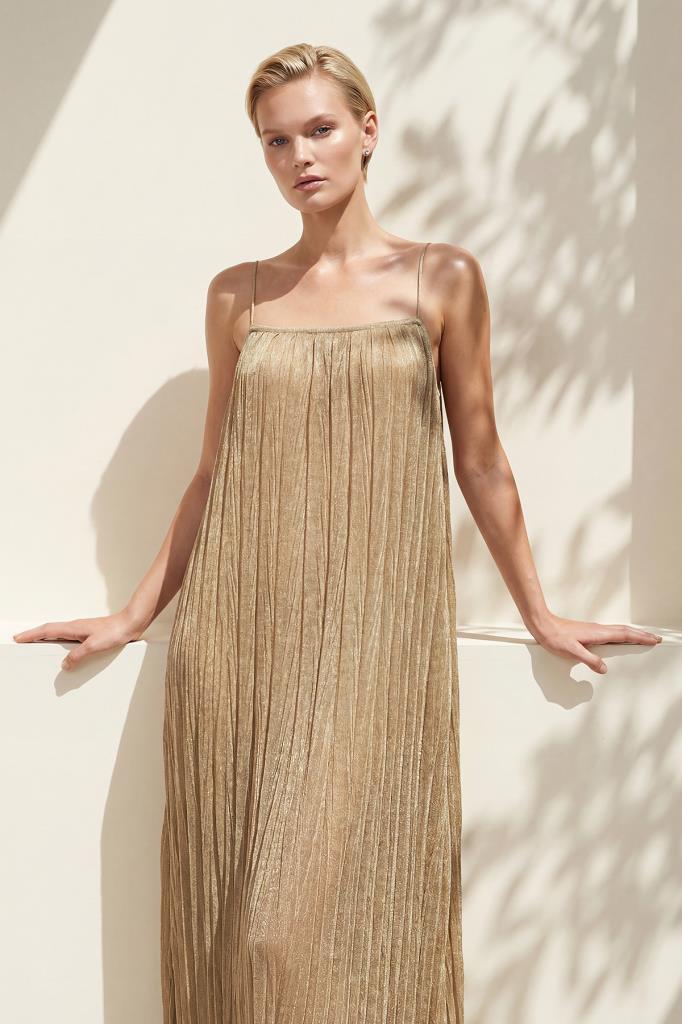 Lined Pleated Maxi Beige Dress