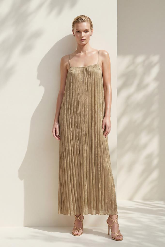 Lined Pleated Maxi Beige Dress