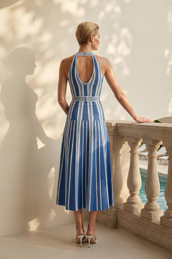 Belted Halter Neck Flared Blue Dress