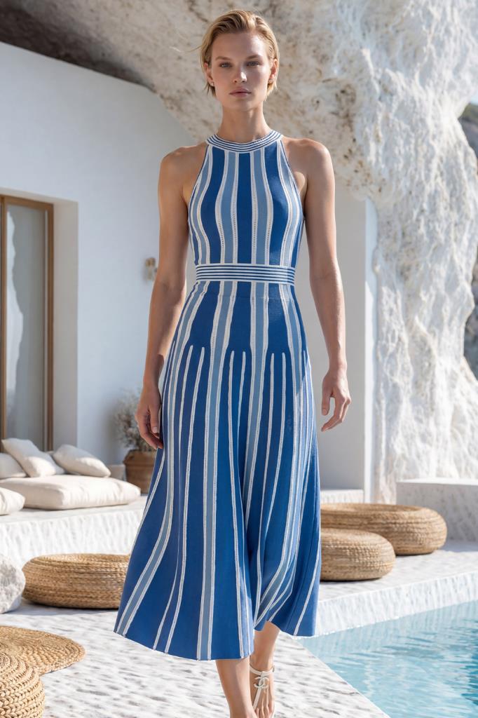 Belted Halter Neck Flared Blue Dress