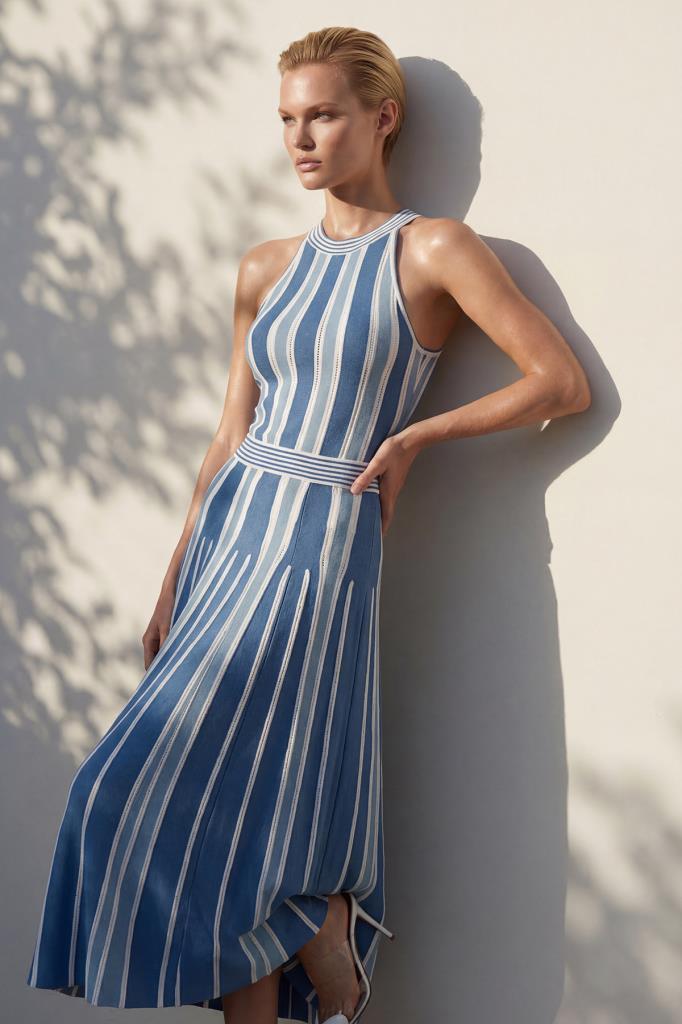 Belted Halter Neck Flared Blue Dress