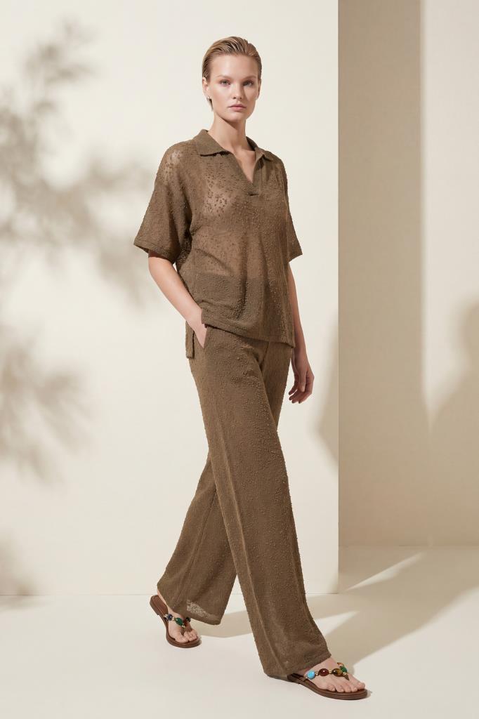 Elastic-Waist Wide-Leg Brown Trousers