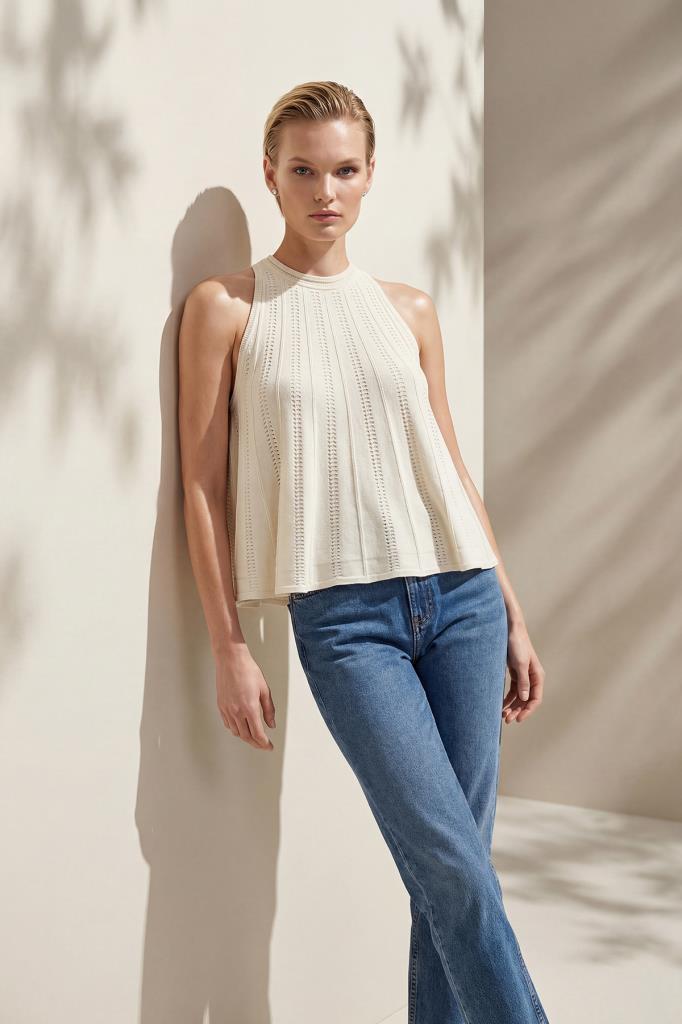 Crew Neck Openwork Ecru Blouse