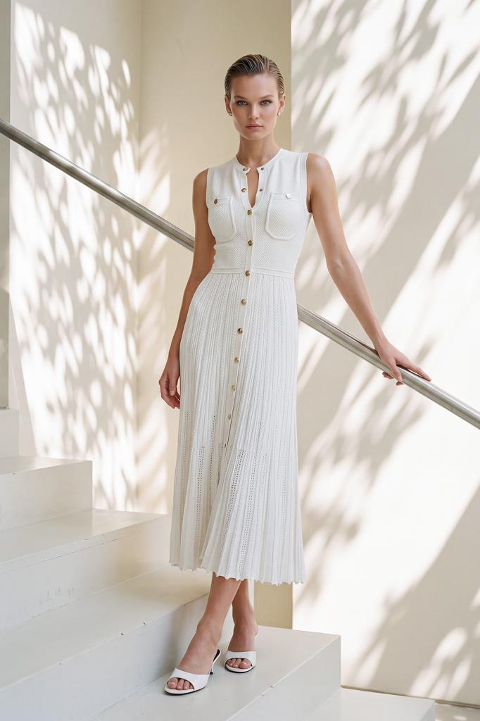 Crew Neck Snap-Button Midi White Dress