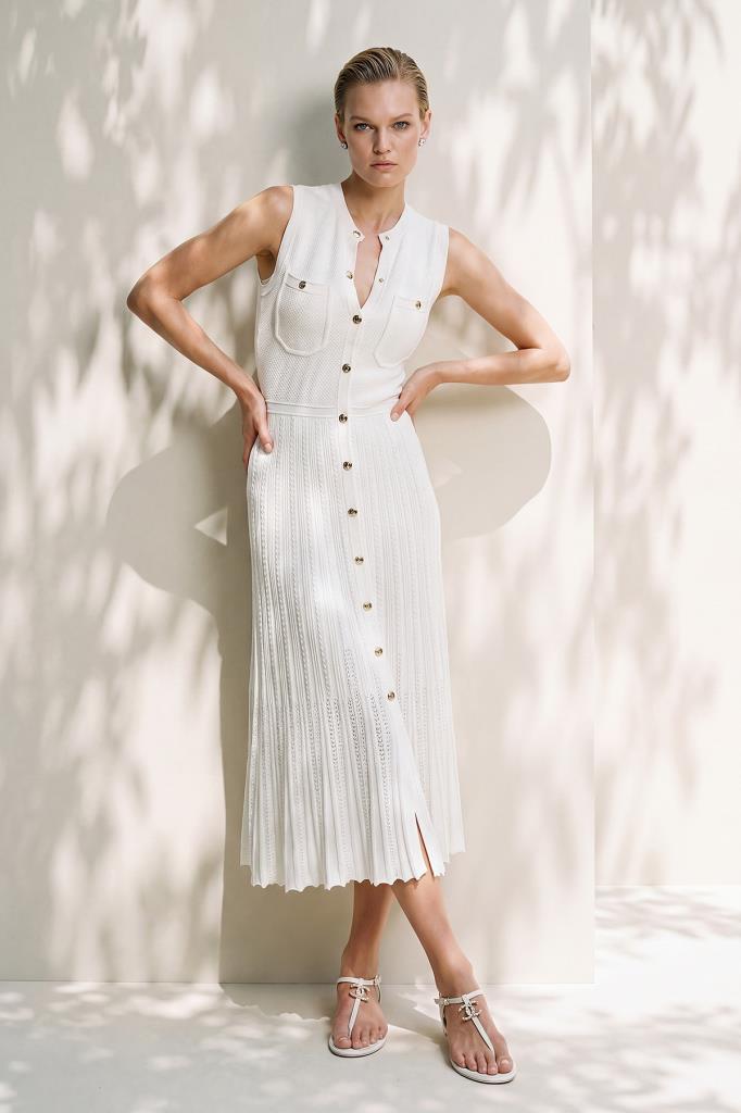 Crew Neck Snap-Button Midi White Dress