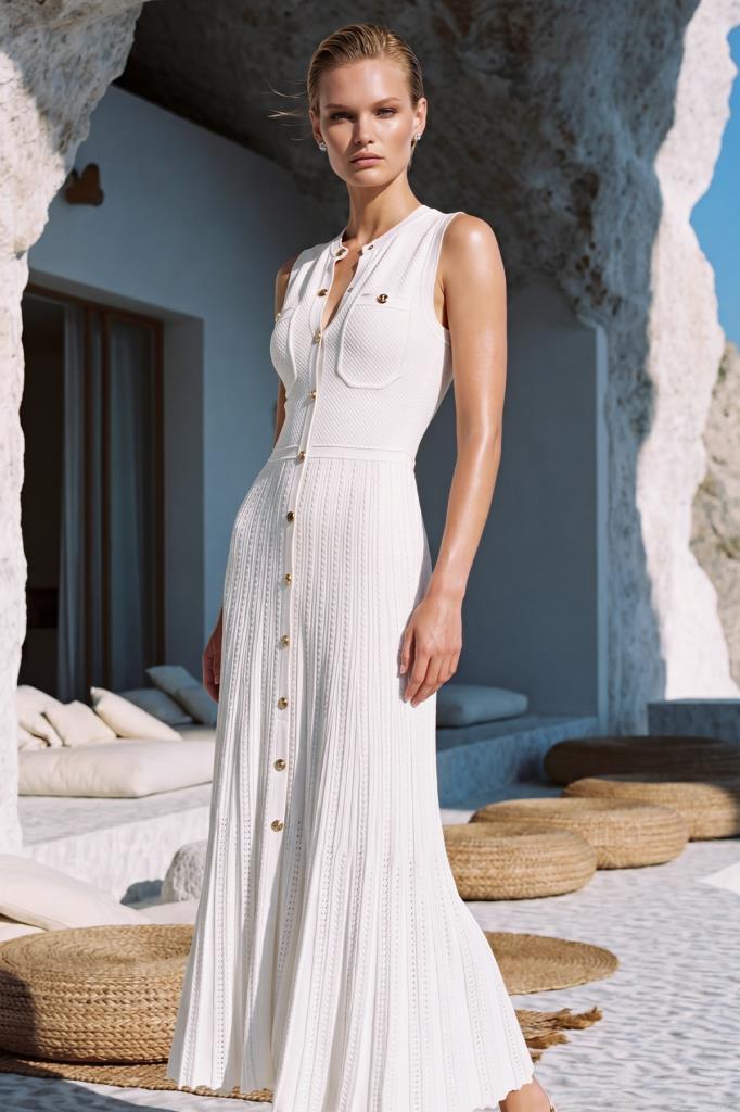 Crew Neck Snap-Button Midi White Dress