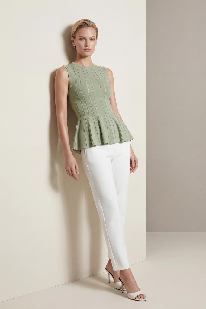 Crew Neck Peplum Green Blouse