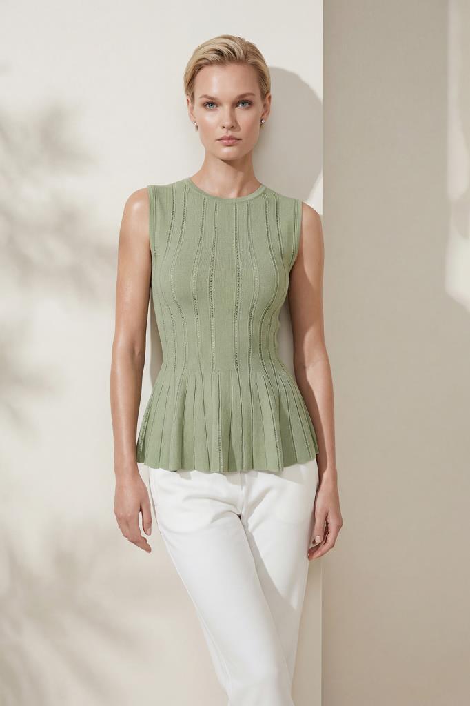 Crew Neck Peplum Green Blouse