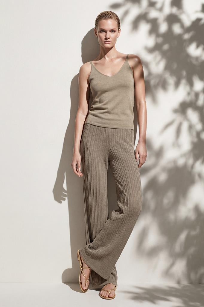 Wide-Leg Openwork Lined Beige Trousers