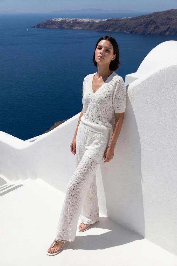 Wide-Leg Openwork Lined White Trousers
