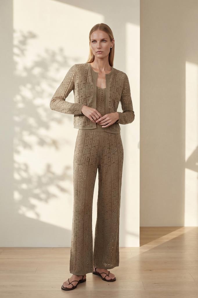 Wide-Leg Openwork Lined Mink Trousers
