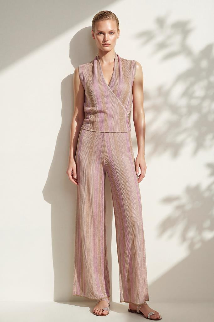 Wide-Leg Printed Shimmer Pink Trousers