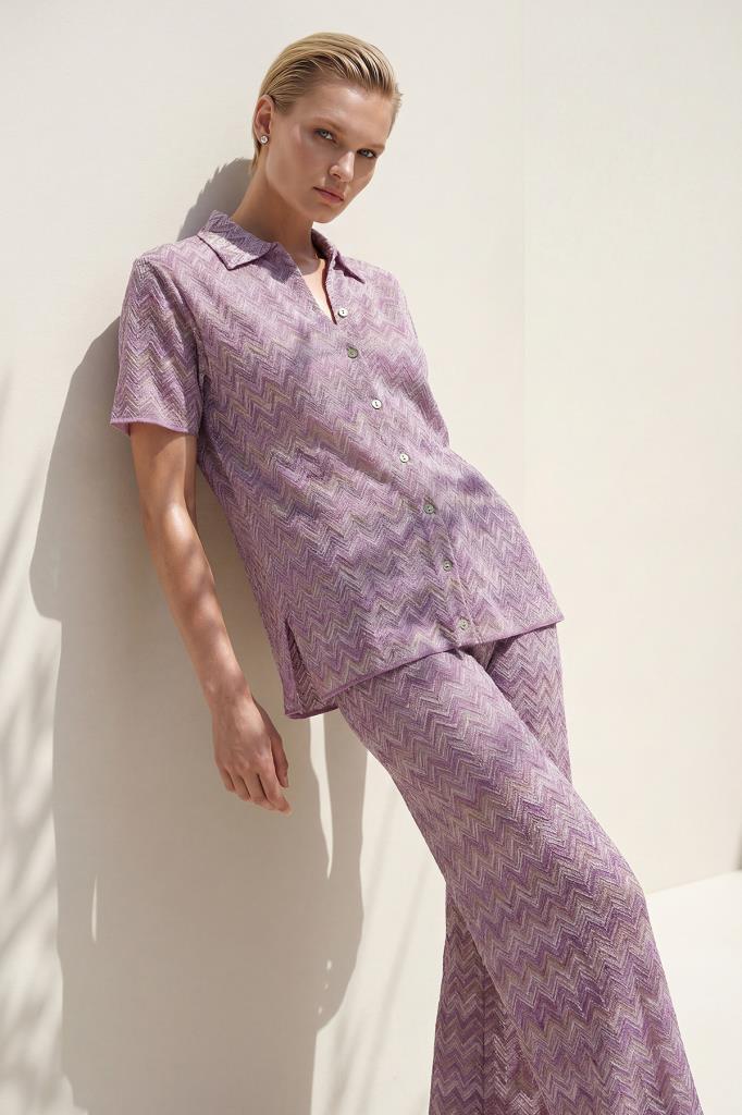 Wide-Leg Printed Shimmer Pink Trousers