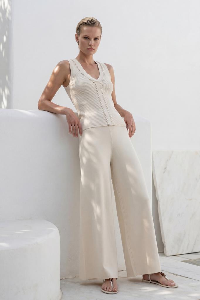 Wide-Leg Ecru Trousers