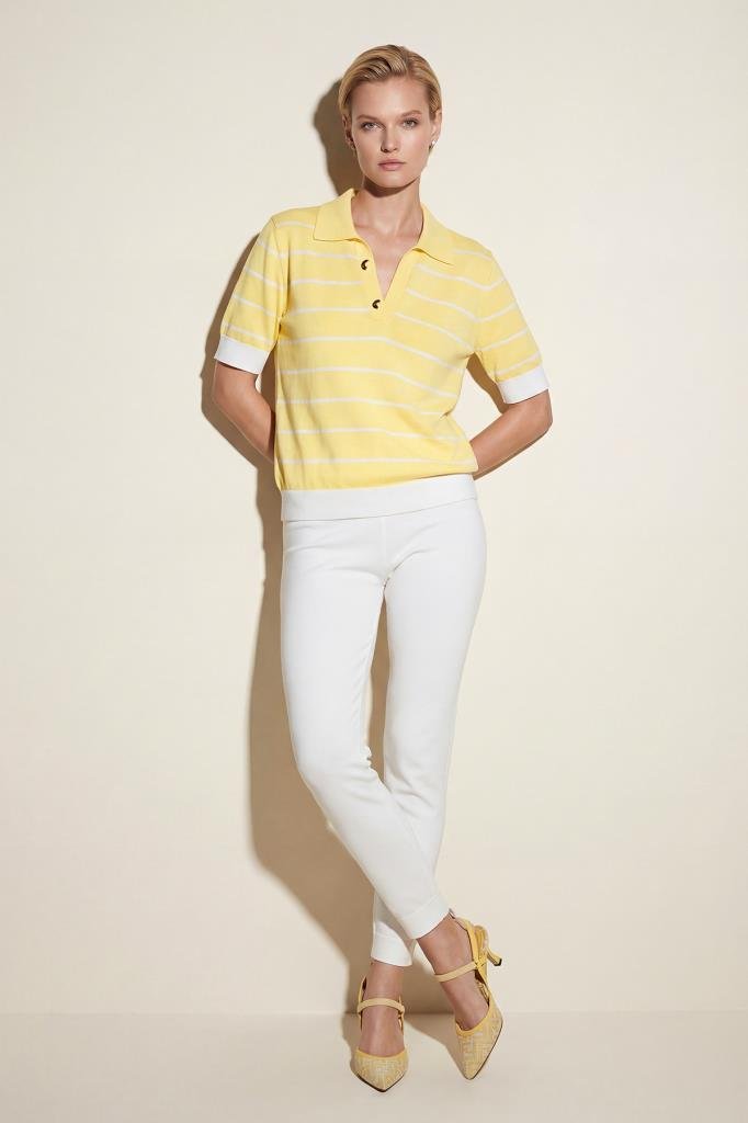 Striped Polo Collar Decorative Button Yellow Blouse