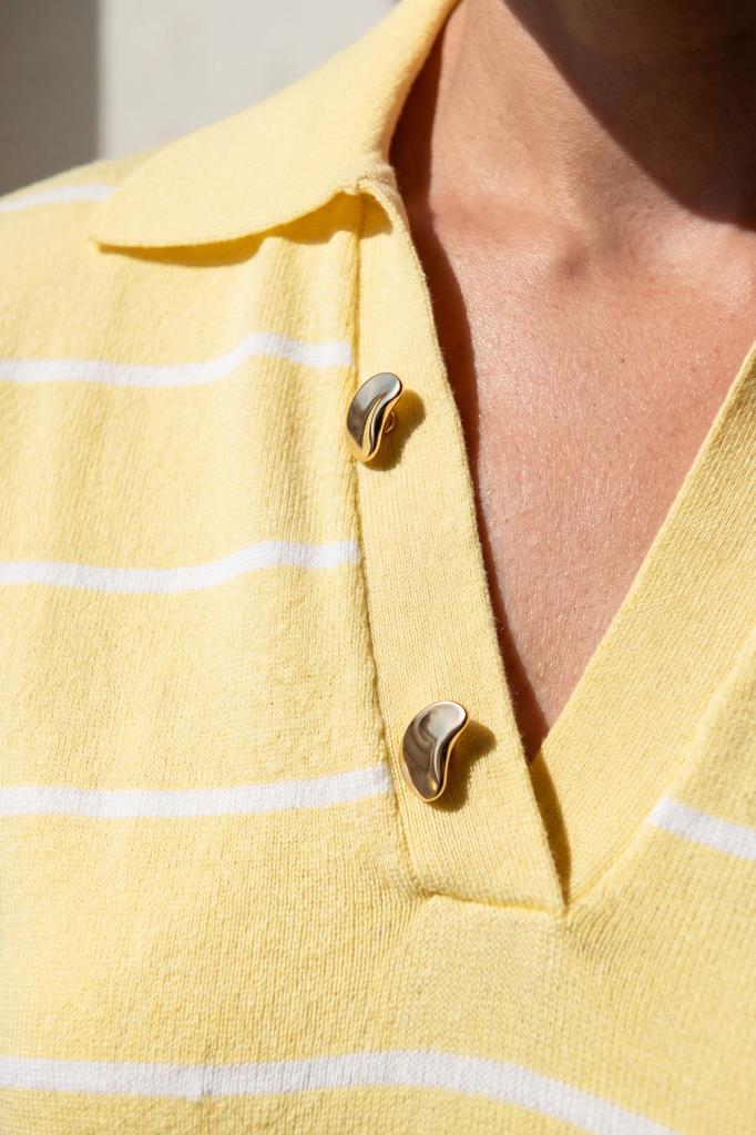 Striped Polo Collar Decorative Button Yellow Blouse