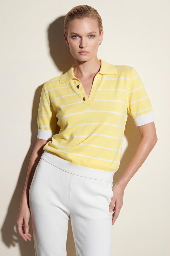 Striped Polo Collar Decorative Button Yellow Blouse