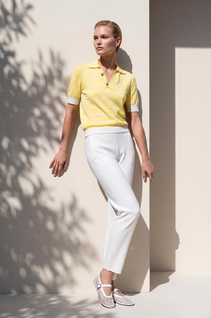 Striped Polo Collar Decorative Button Yellow Blouse