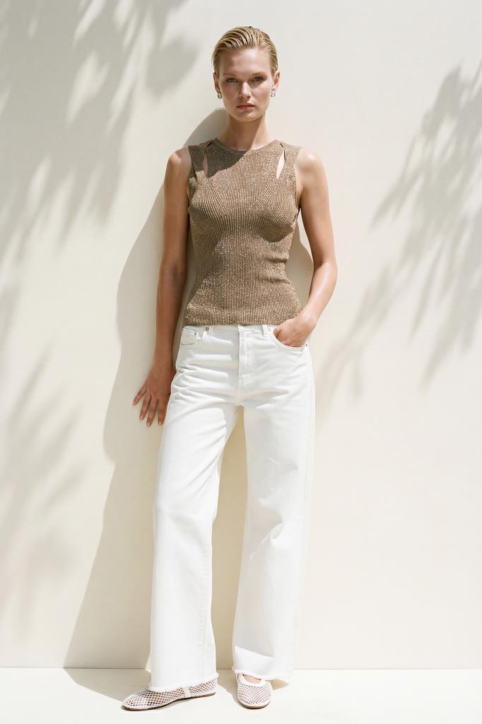 Cut-Out Shimmer Beige Blouse