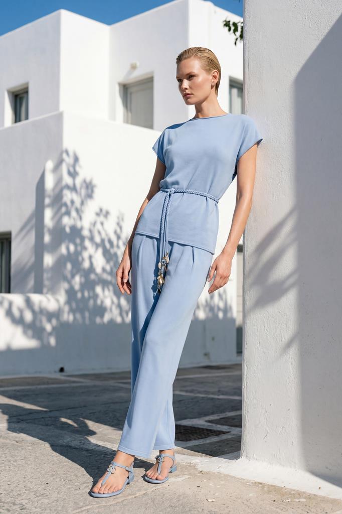Hand-Crafted Gold-Accent Belted Blue Blouse