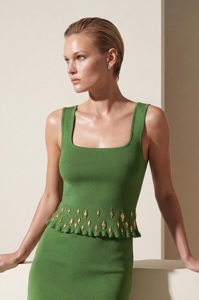 Hand-Crafted Gold-Accent Square Neck Green Top