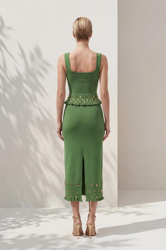 Hand-Crafted Gold-Accent Slit Midi Green Skirt