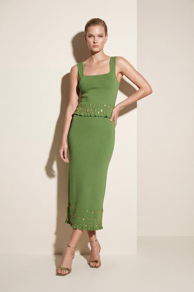 Hand-Crafted Gold-Accent Slit Midi Green Skirt