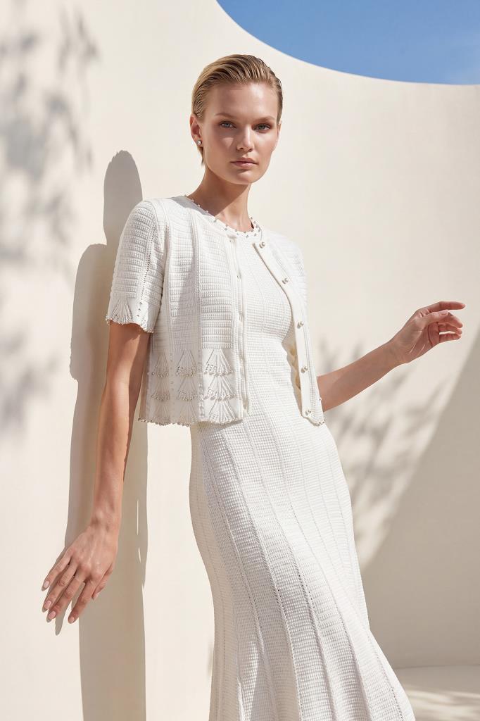 Hand-Crafted Pearl Printed Openwork White Jacket
