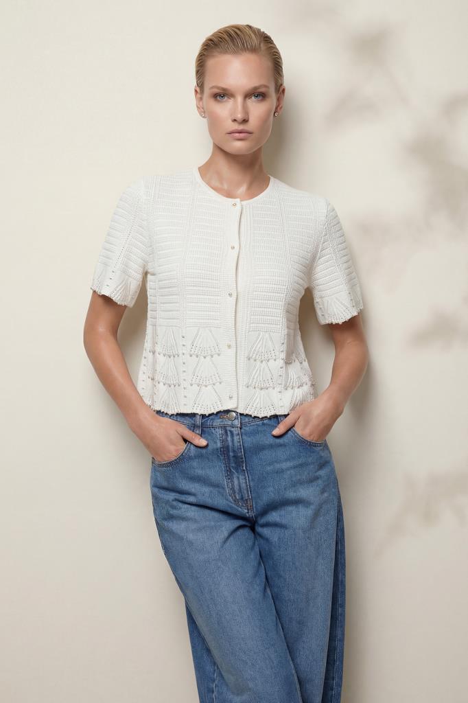 Hand-Crafted Pearl Printed Openwork White Jacket