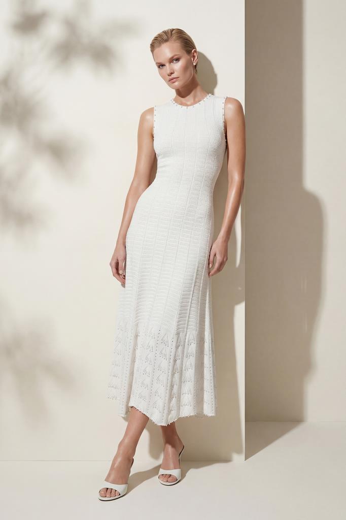 Hand-Crafted Pearl Printed Openwork Midi White Dress
