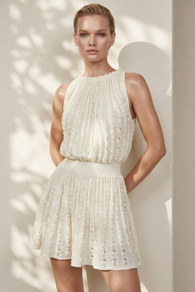 Halter Neck Elastic-Waist Openwork Mini White Dress