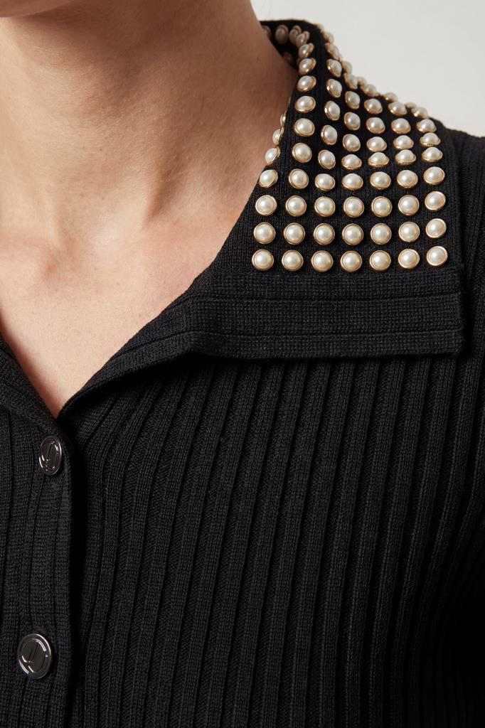 Pearl Printed Snap-Button Black Cardigan