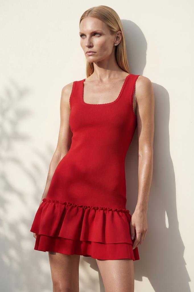 Square Neck Ruffle Mini Red Dress