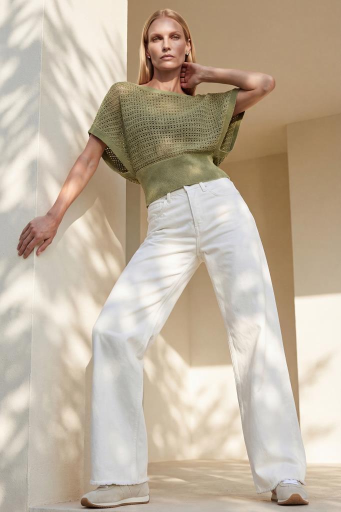 Boat Neck Openwork Batwing Green Blouse