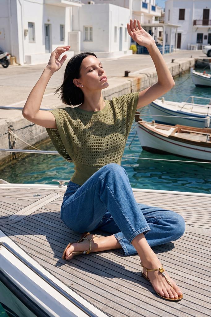 Boat Neck Openwork Batwing Green Blouse