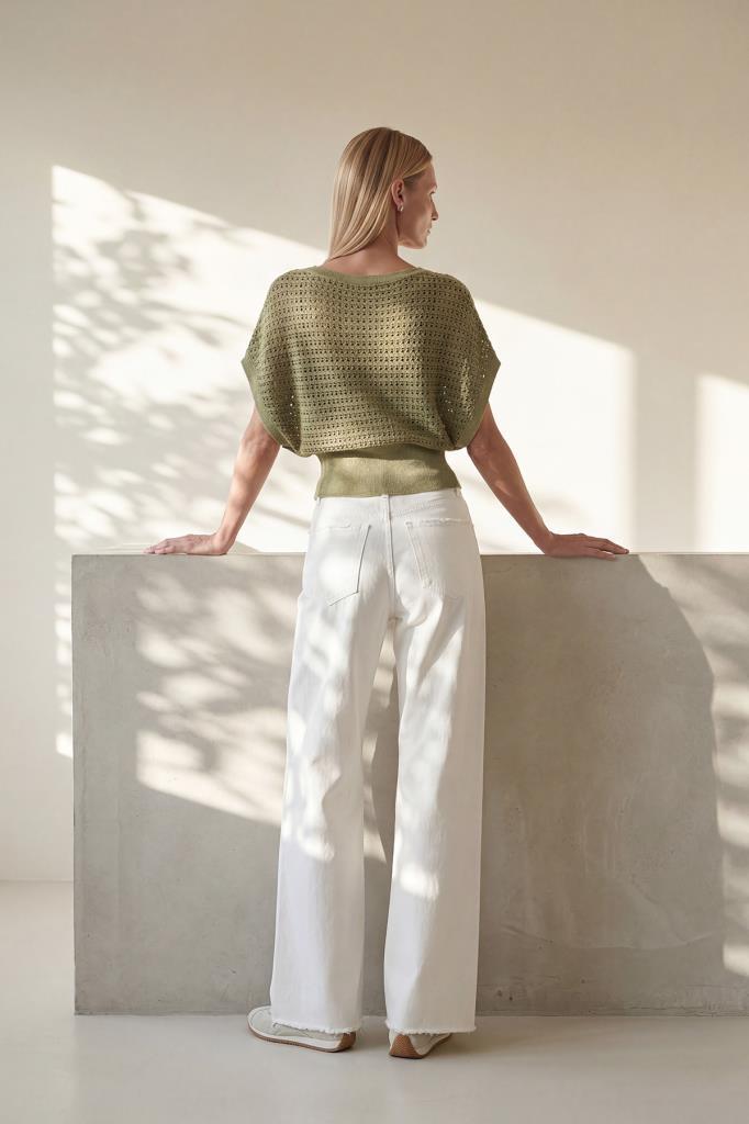 Boat Neck Openwork Batwing Green Blouse