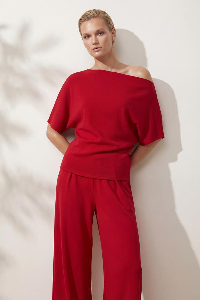 Boat Neck Red Blouse