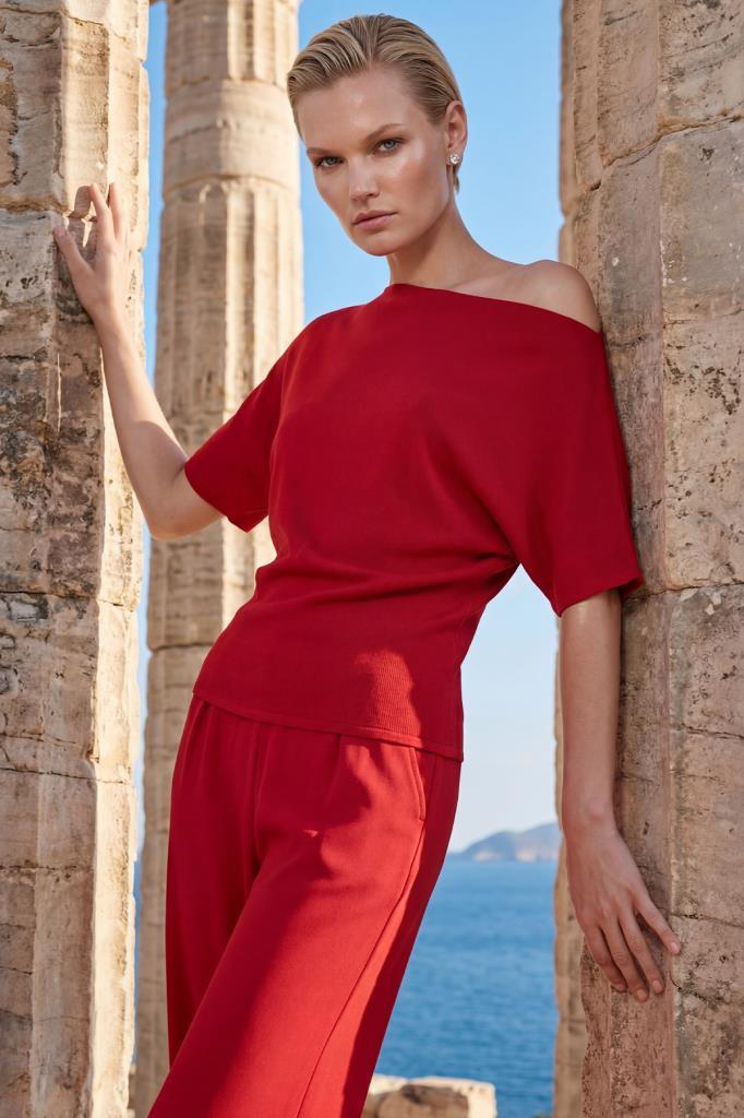 Boat Neck Red Blouse