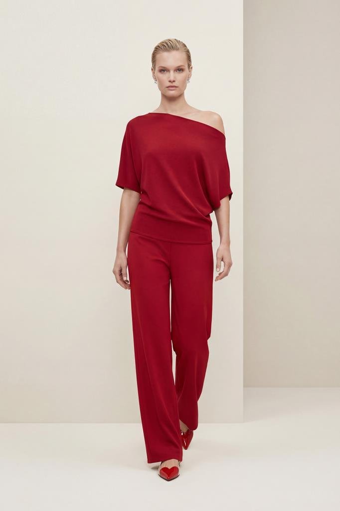 Boat Neck Red Blouse