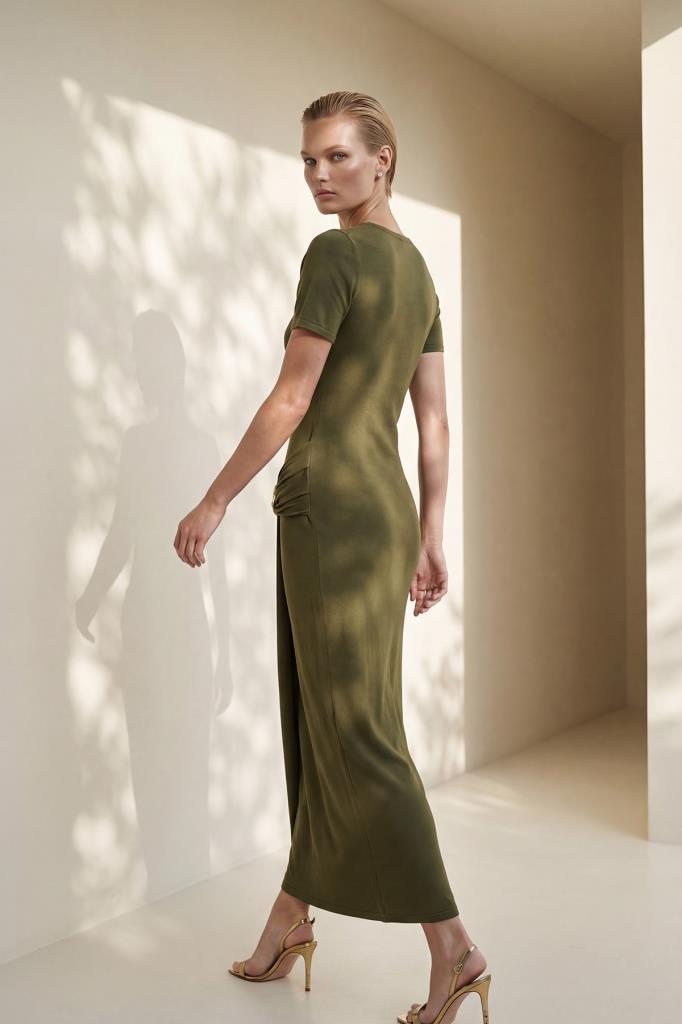 Short-Sleeve Buckle Midi Green Dress