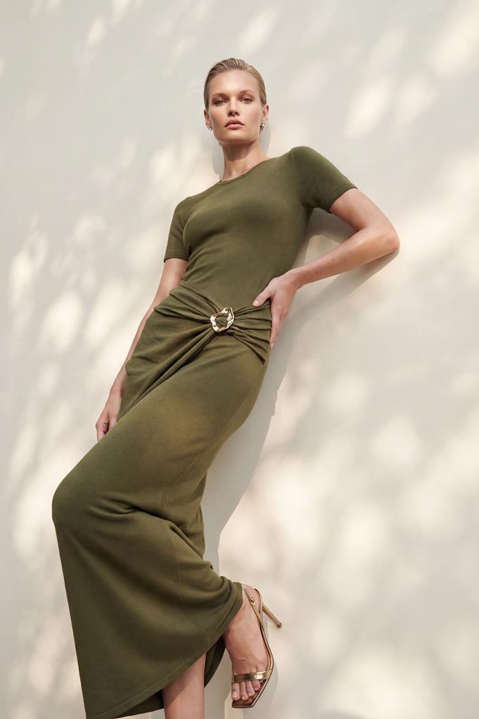 Short-Sleeve Buckle Midi Green Dress