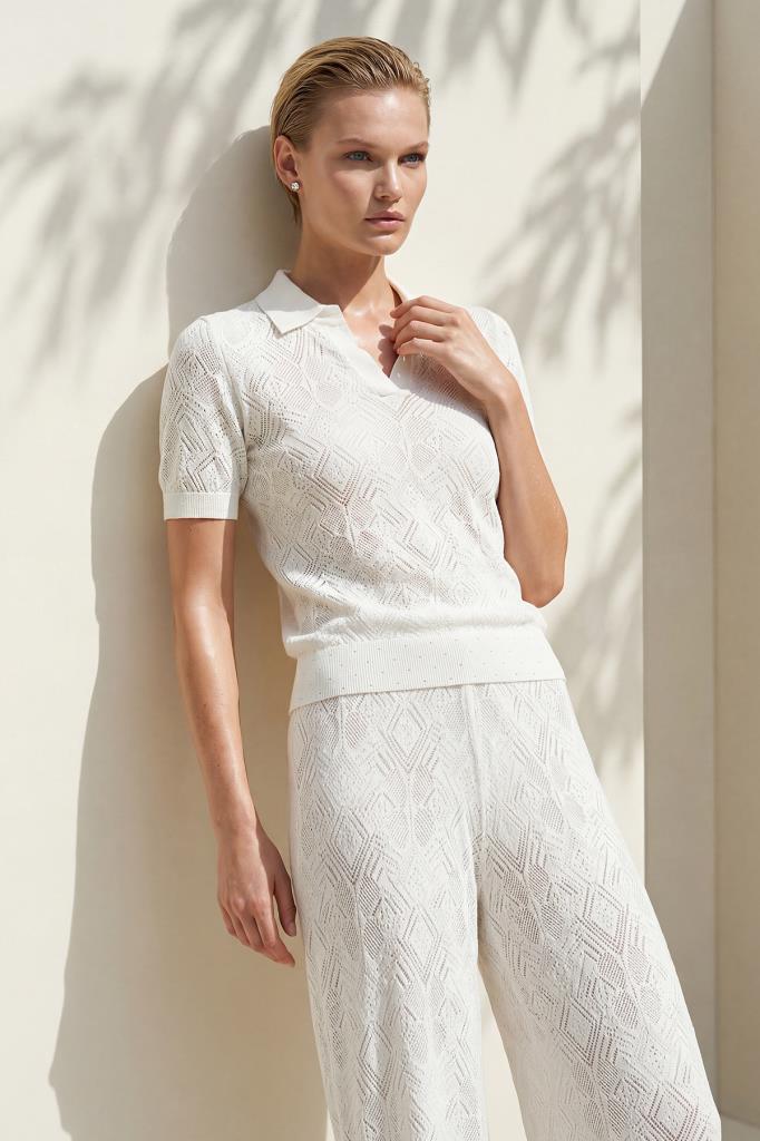 Polo Collar Openwork White Blouse