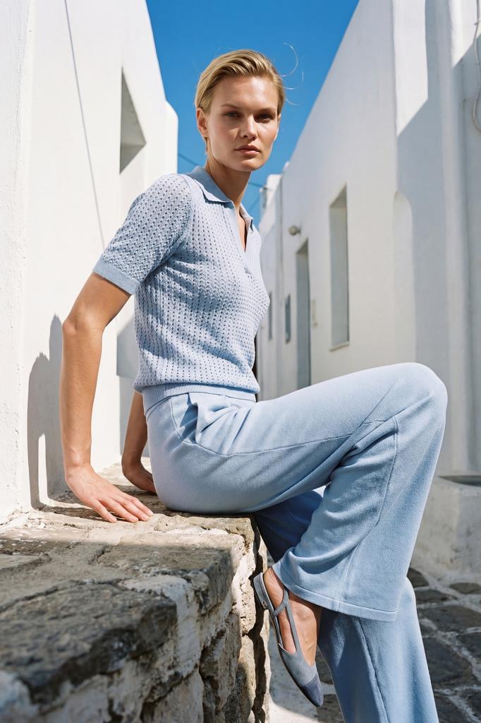 Polo Collar Openwork Blue Blouse