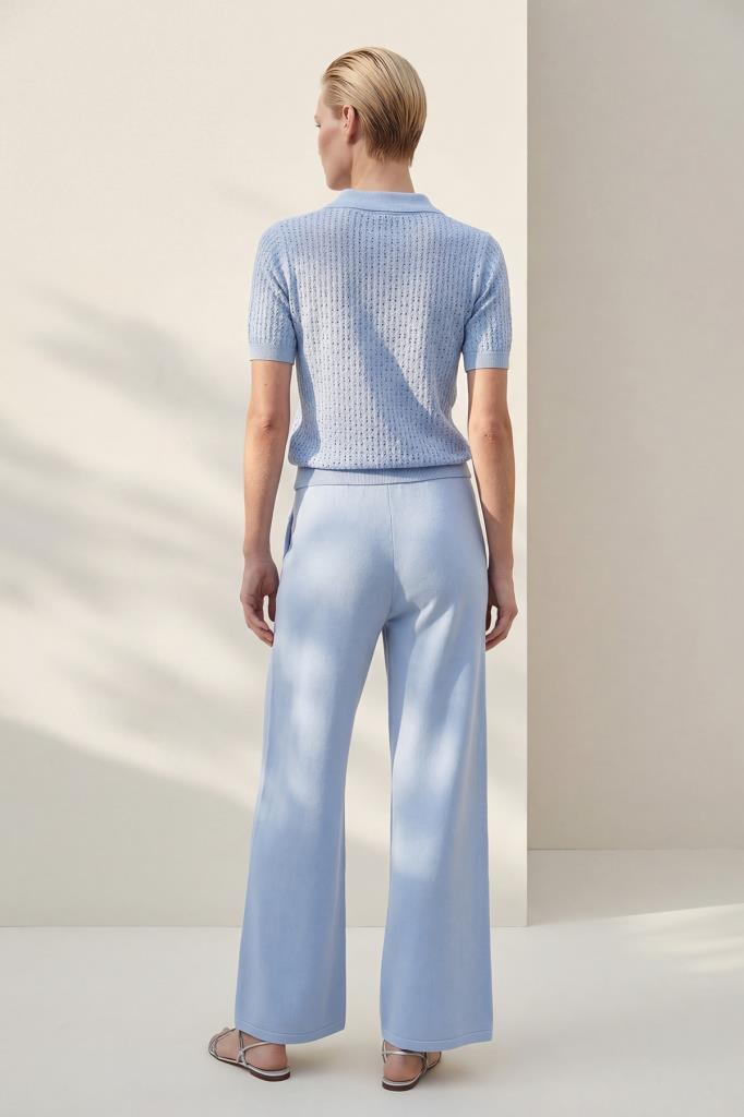 Polo Collar Openwork Blue Blouse