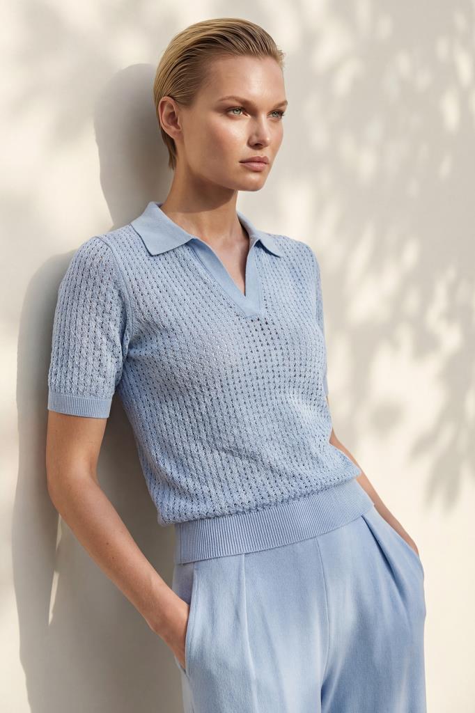 Polo Collar Openwork Blue Blouse